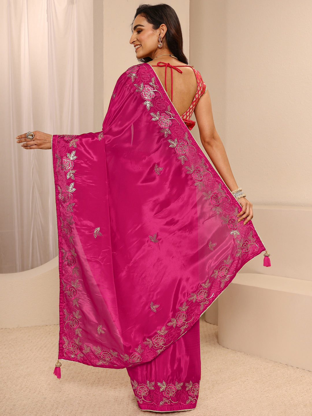  Pink Floral Embellished Silk Blend Saree With Unstitched Blouse Piece 