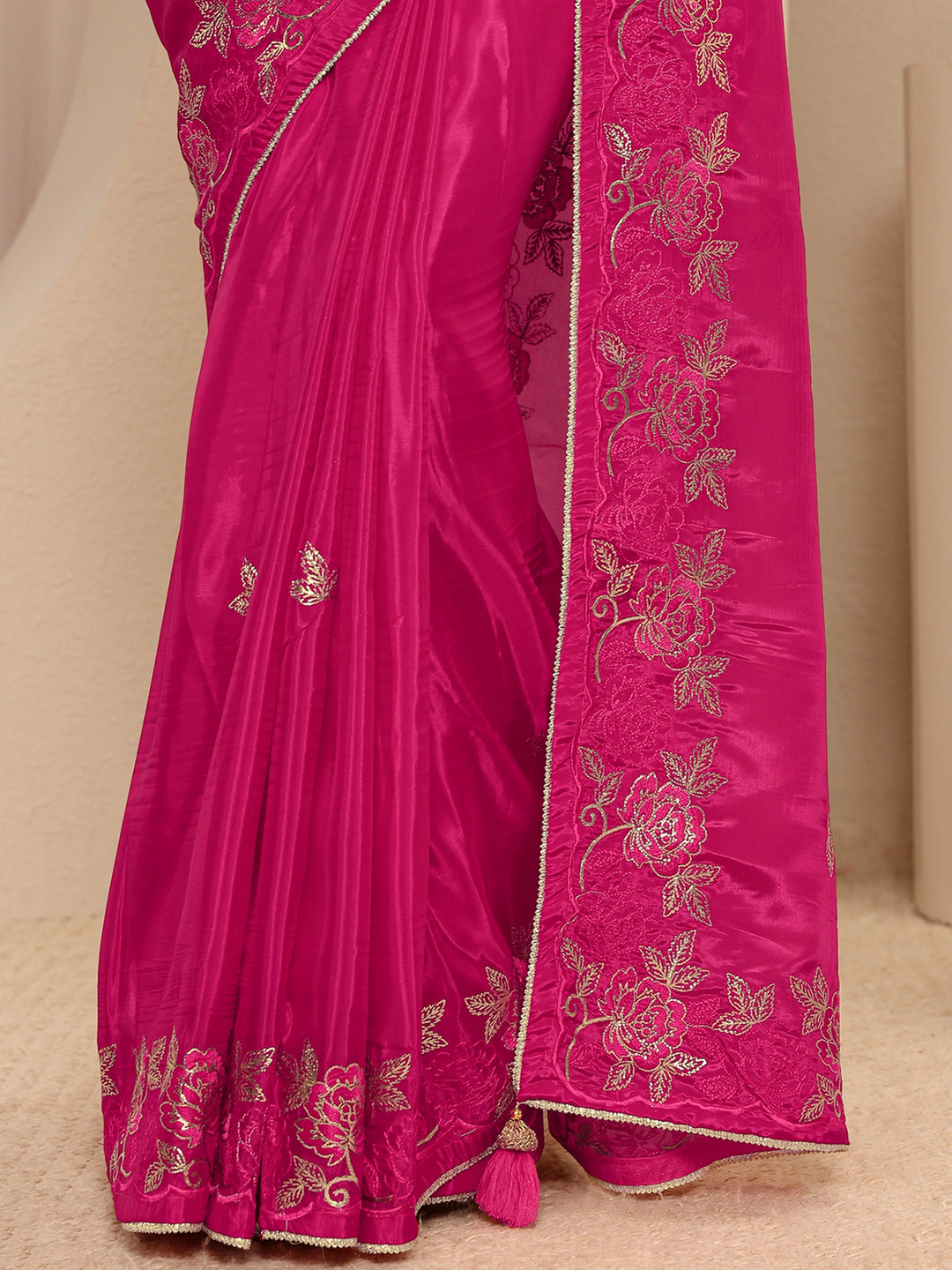  Pink Floral Embellished Silk Blend Saree With Unstitched Blouse Piece 