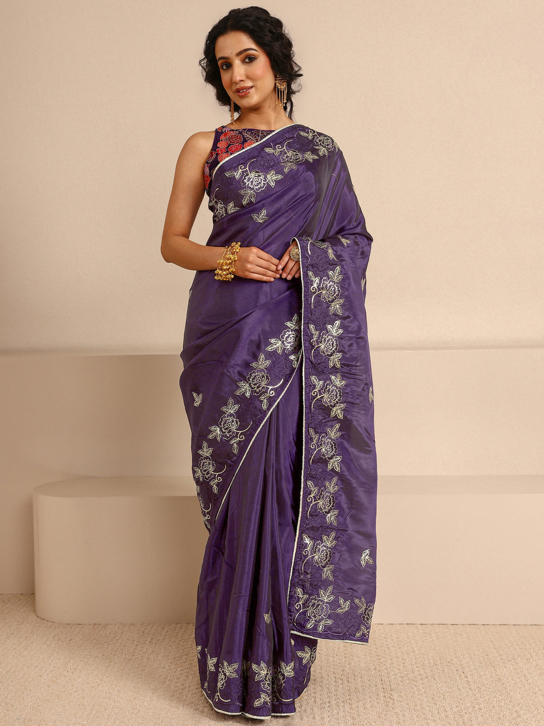  Purple Embellished Silk Blend Saree  With Unstitched Blouse Piece 