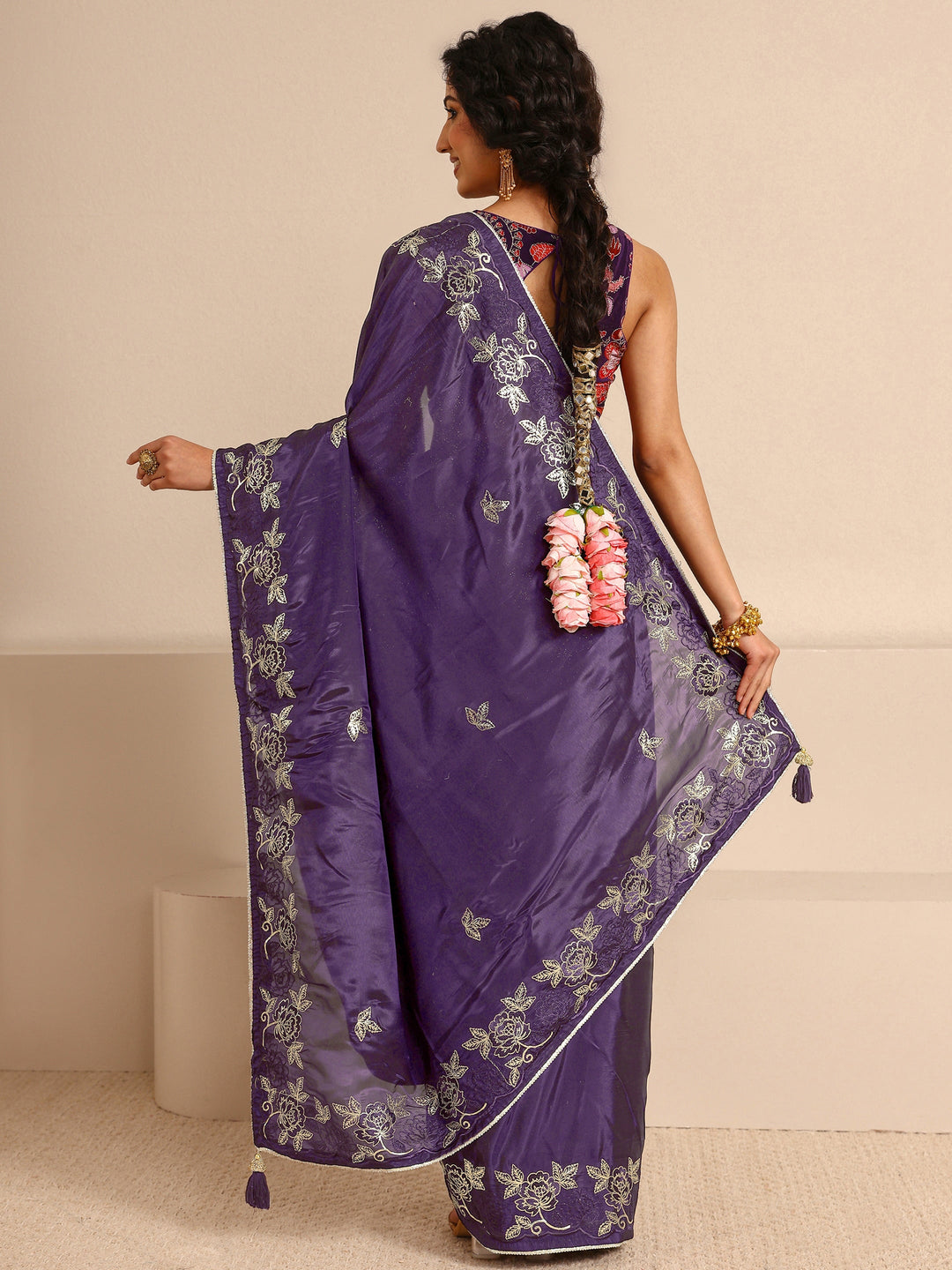  Purple Embellished Silk Blend Saree  With Unstitched Blouse Piece 
