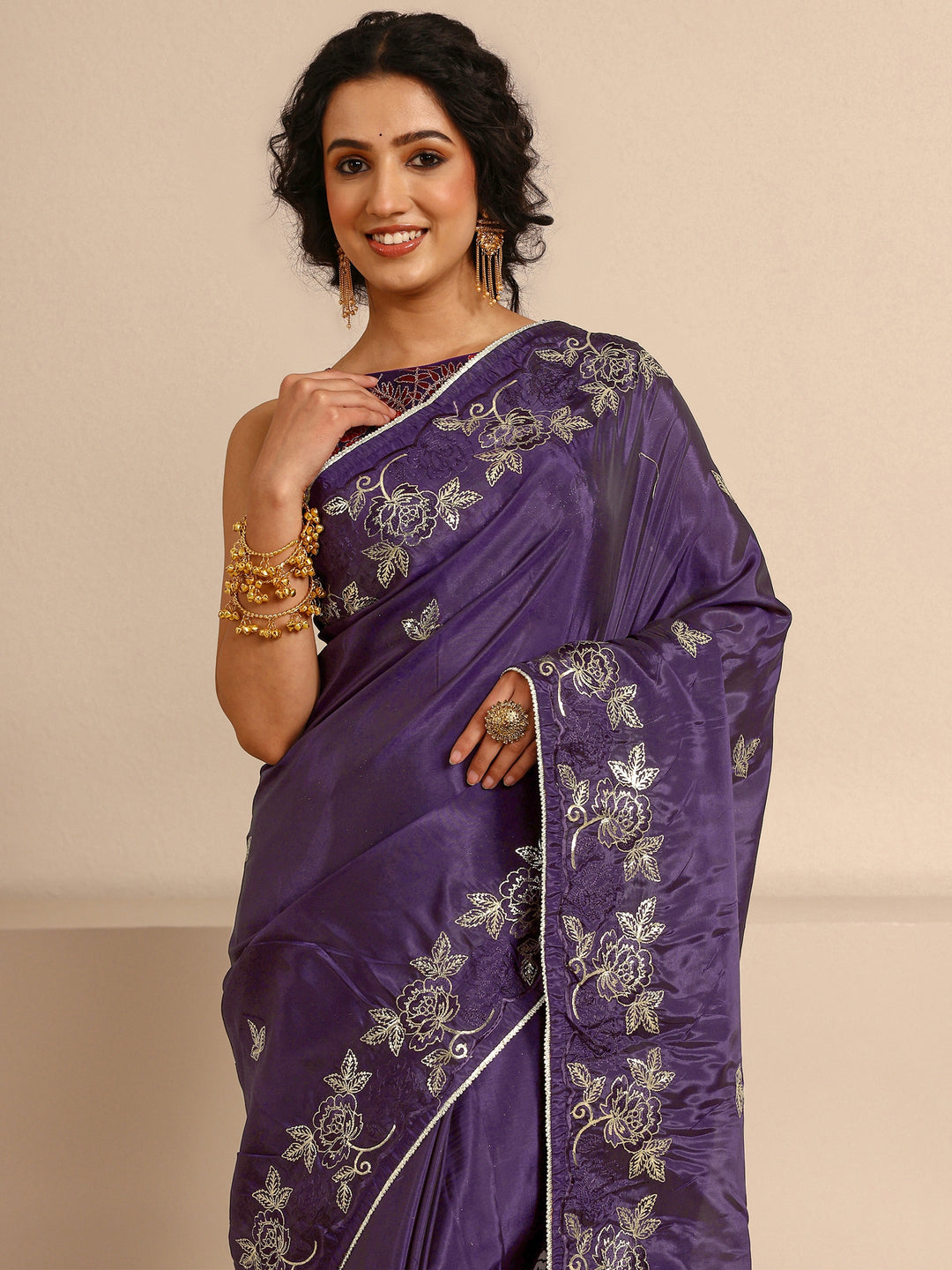  Purple Embellished Silk Blend Saree  With Unstitched Blouse Piece 