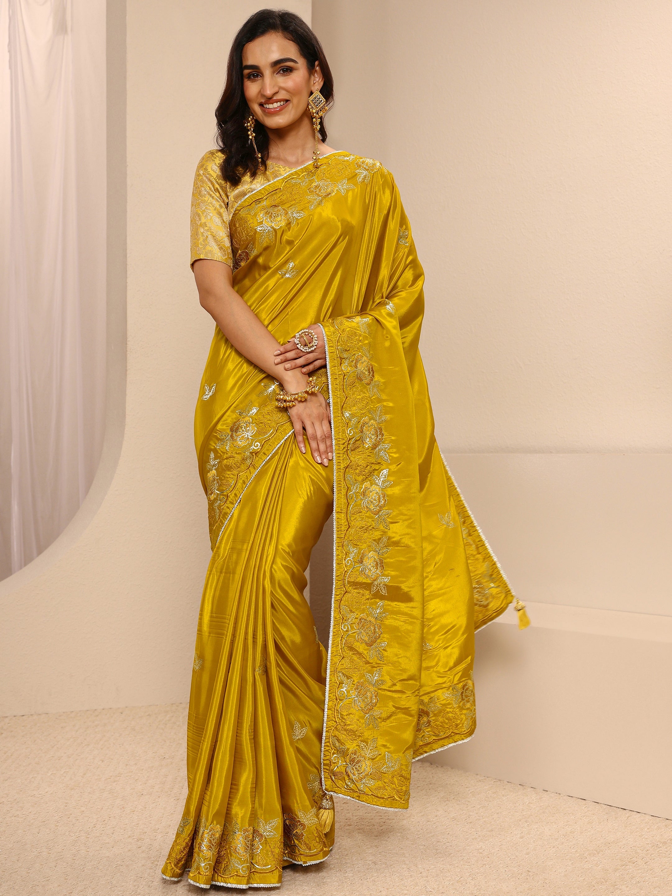 libas Mustard Floral Embroidered Silk Blend Saree With Unstitched Blouse Piece-picture-28