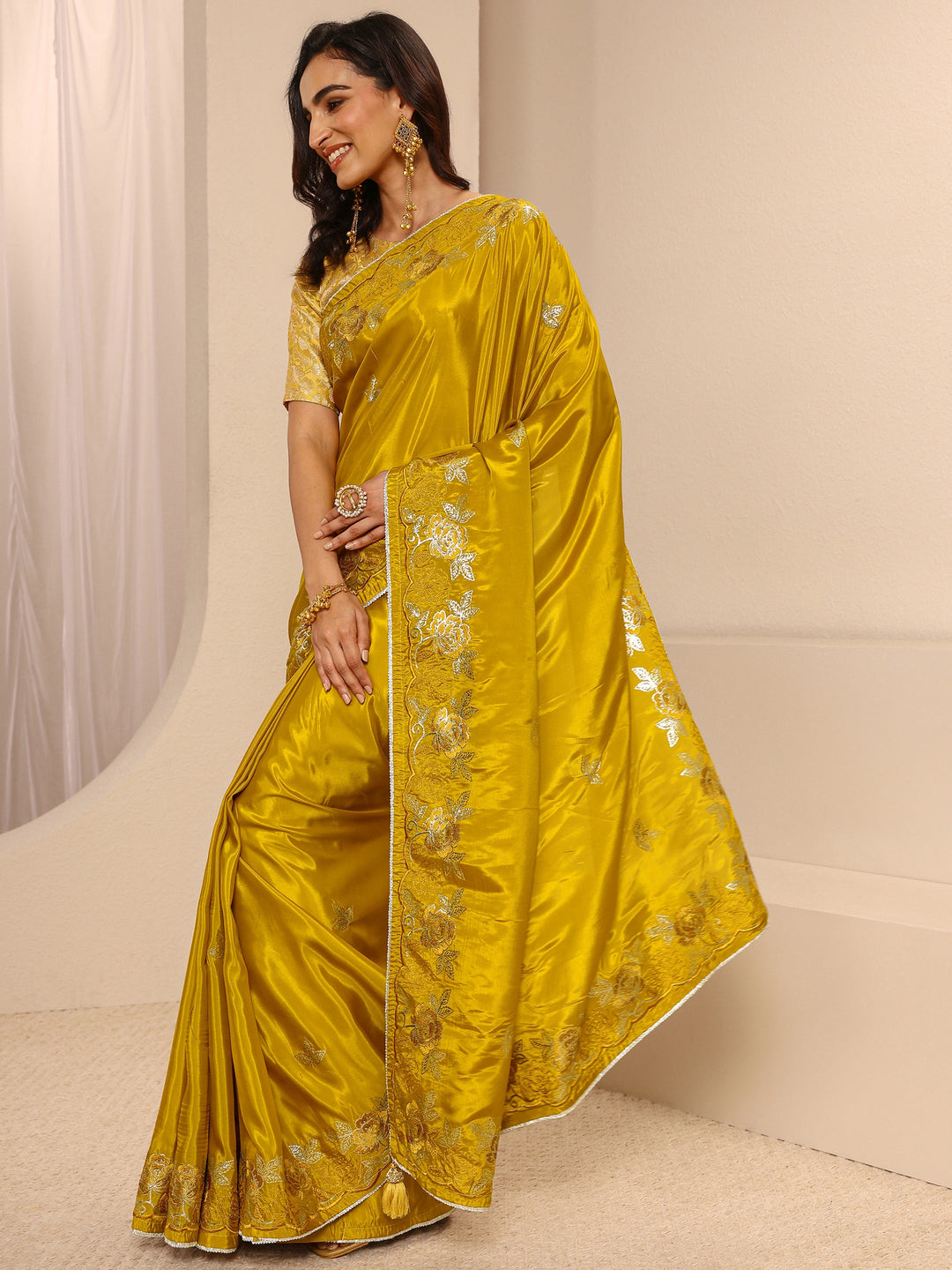  Mustard Floral Embroidered Silk Blend Saree  With Unstitched Blouse Piece 