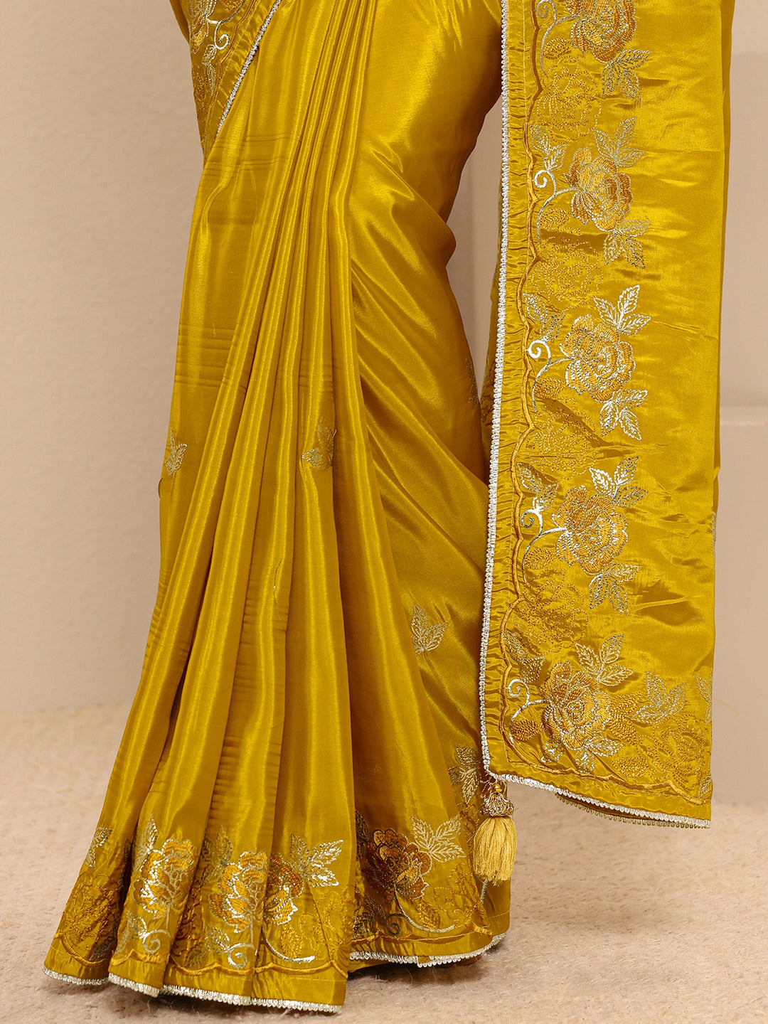  Mustard Floral Embroidered Silk Blend Saree  With Unstitched Blouse Piece 