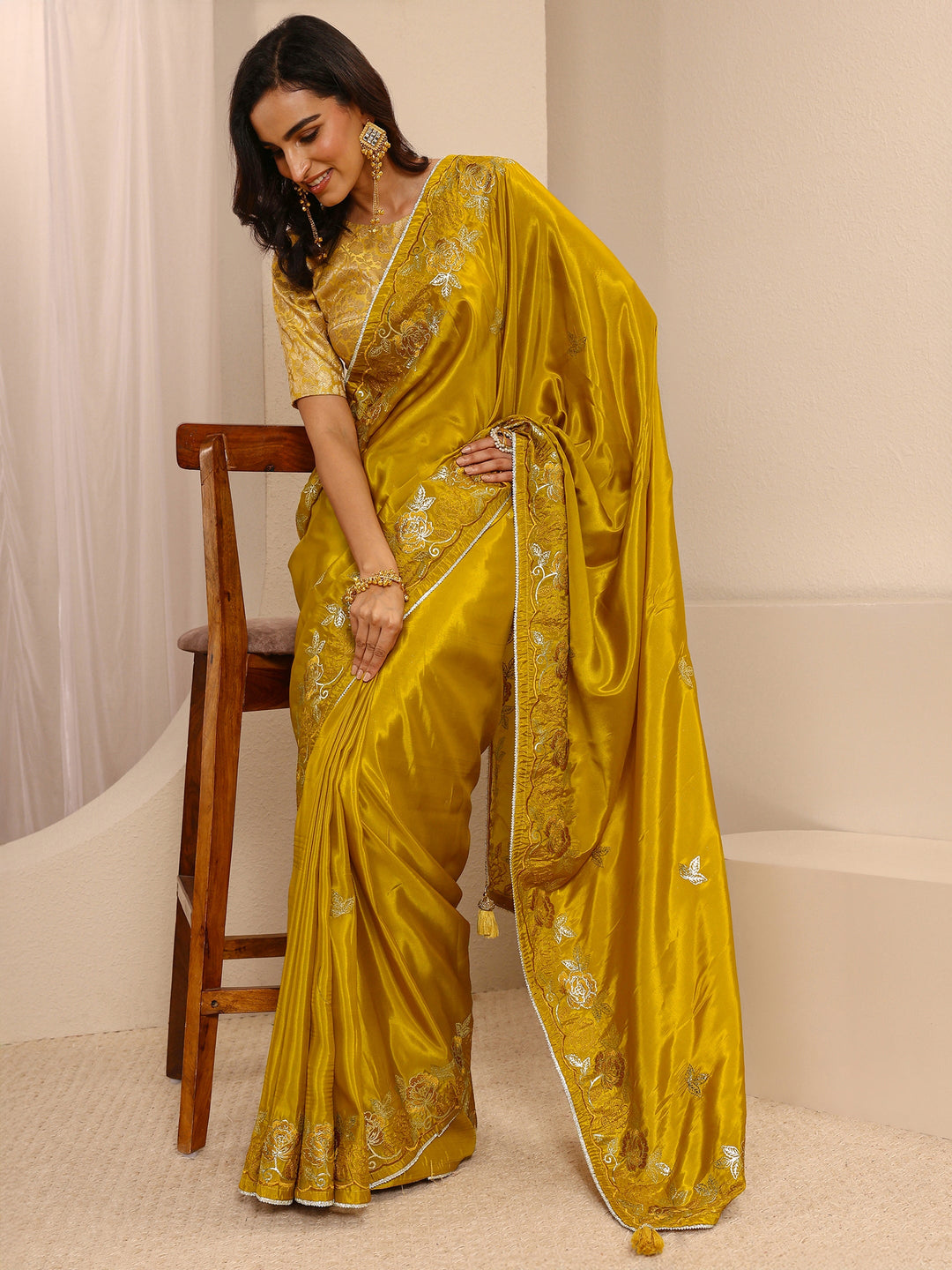  Mustard Floral Embroidered Silk Blend Saree  With Unstitched Blouse Piece 