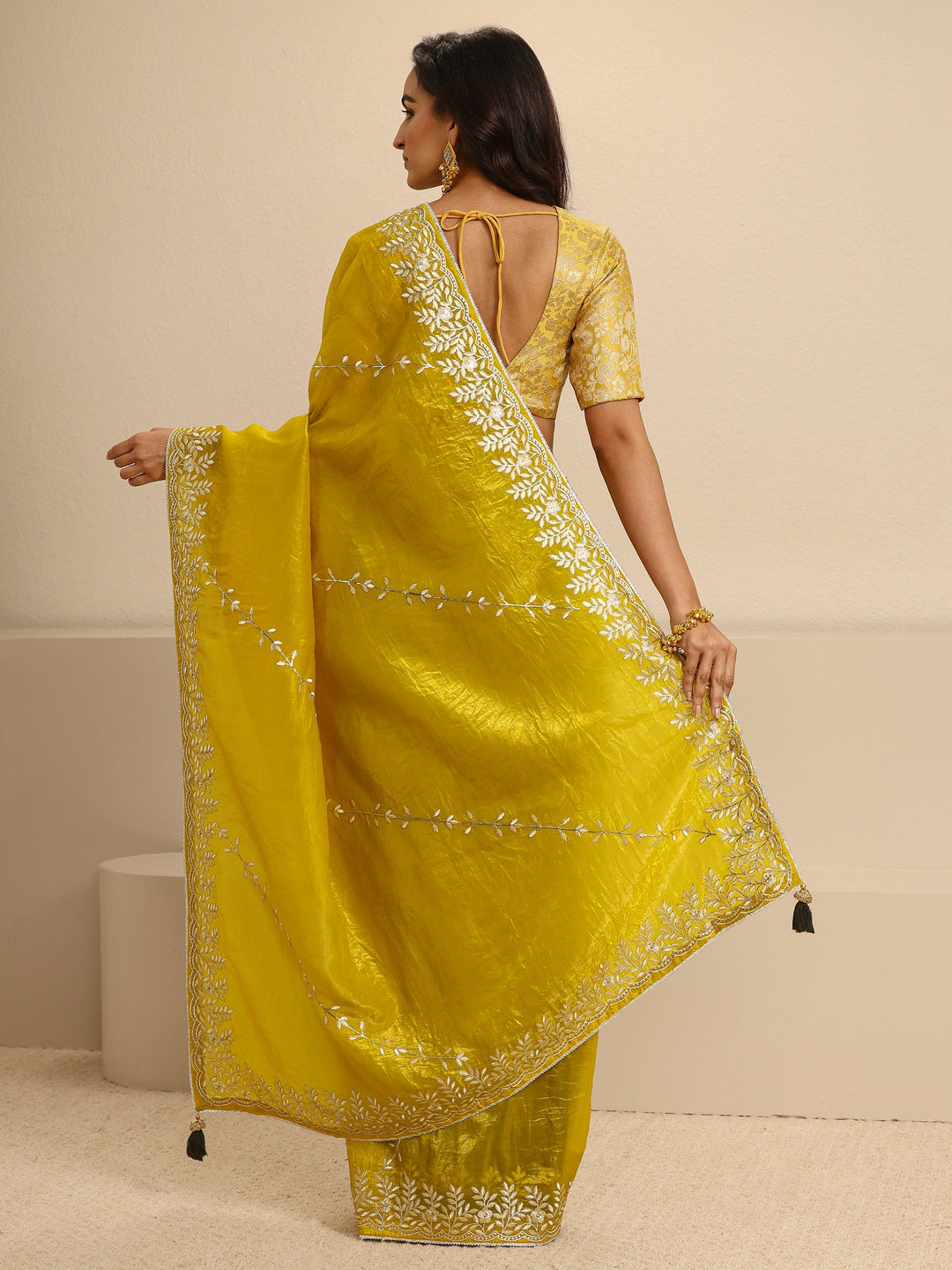  Mustard Floral Embroidered Silk Blend Saree With Unstitched Blouse Piece 