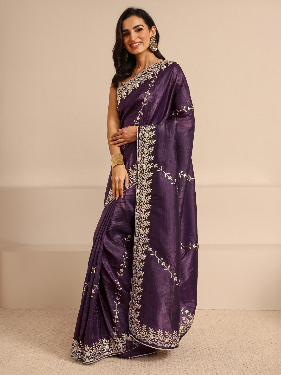  Purple Floral Embroidered Silk Blend Saree With Unstitched Blouse Piece 