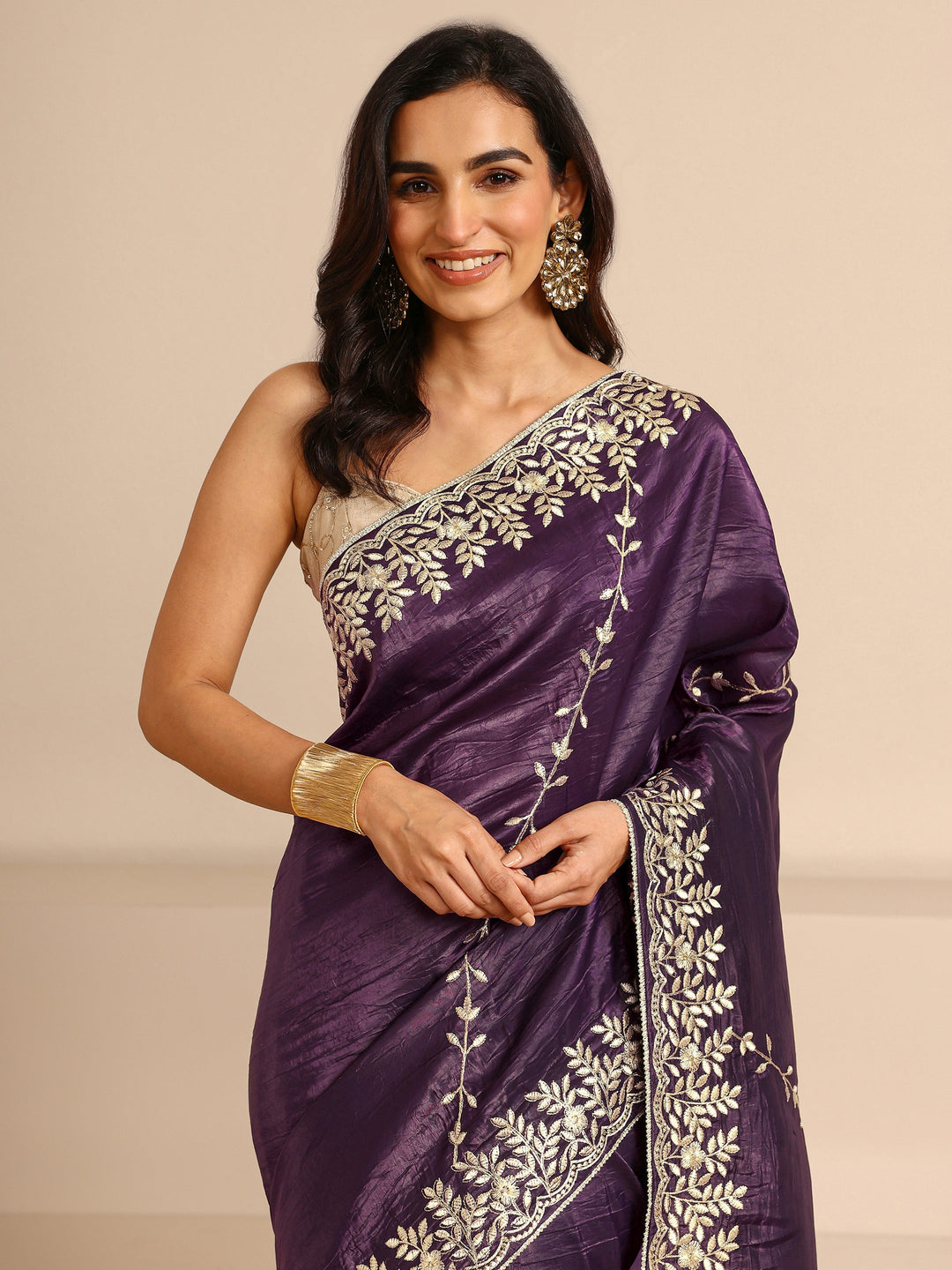  Purple Floral Embroidered Silk Blend Saree With Unstitched Blouse Piece 