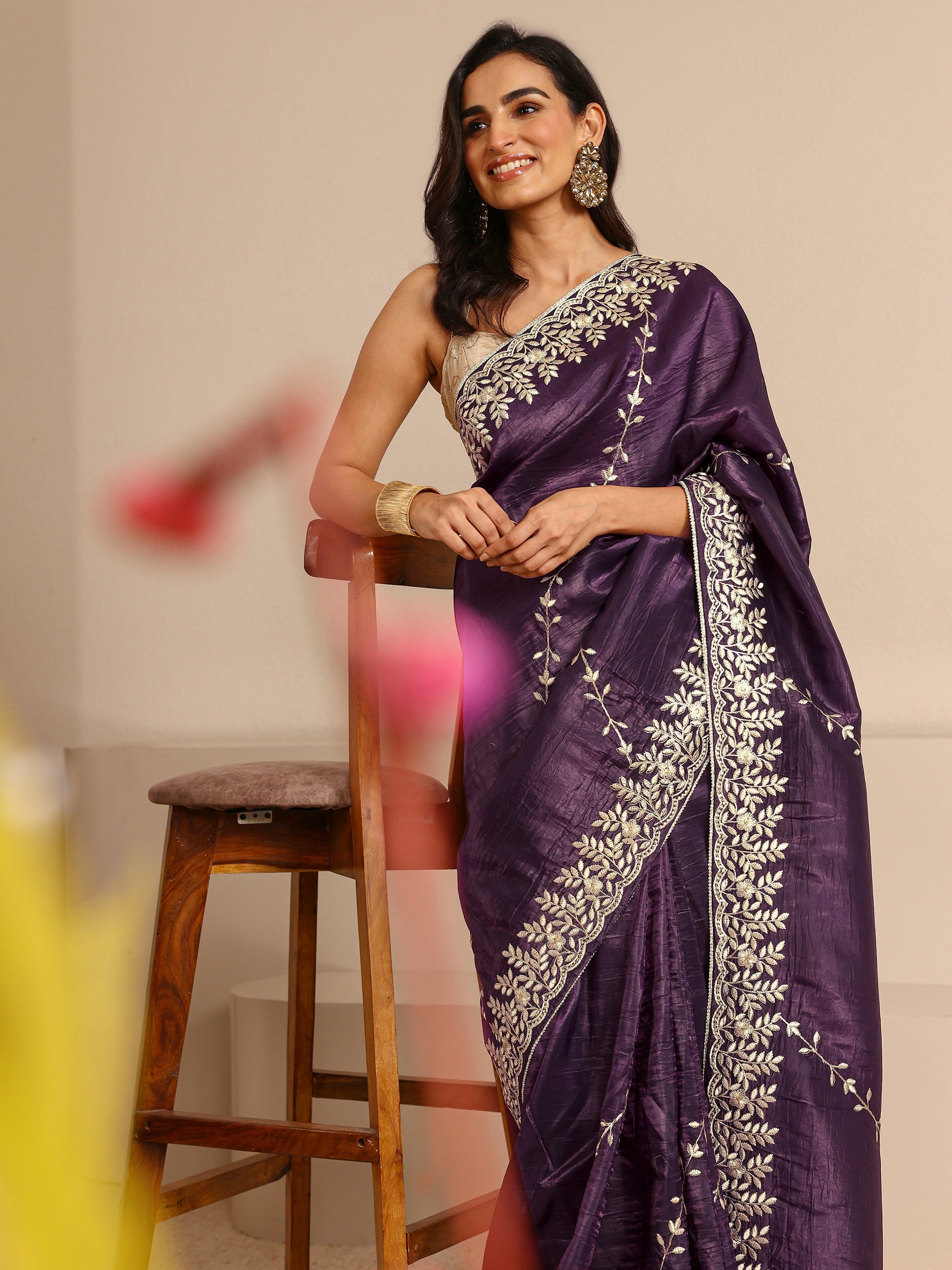 Purple Floral Embroidered Silk Blend Saree With Unstitched Blouse Piece-image-37