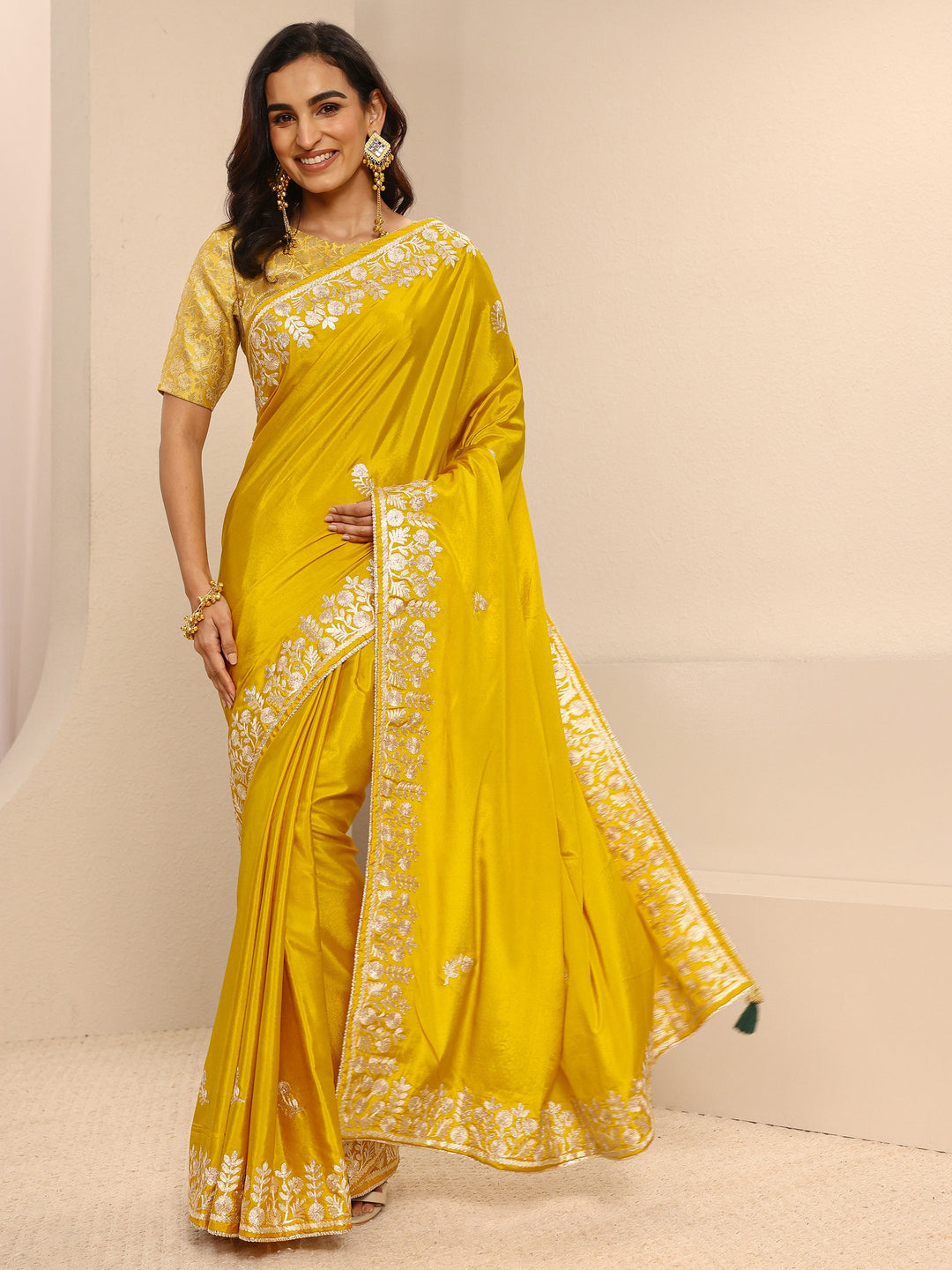  Yellow Embroidered Silk Blend Saree With Unstitched Blouse Piece 
