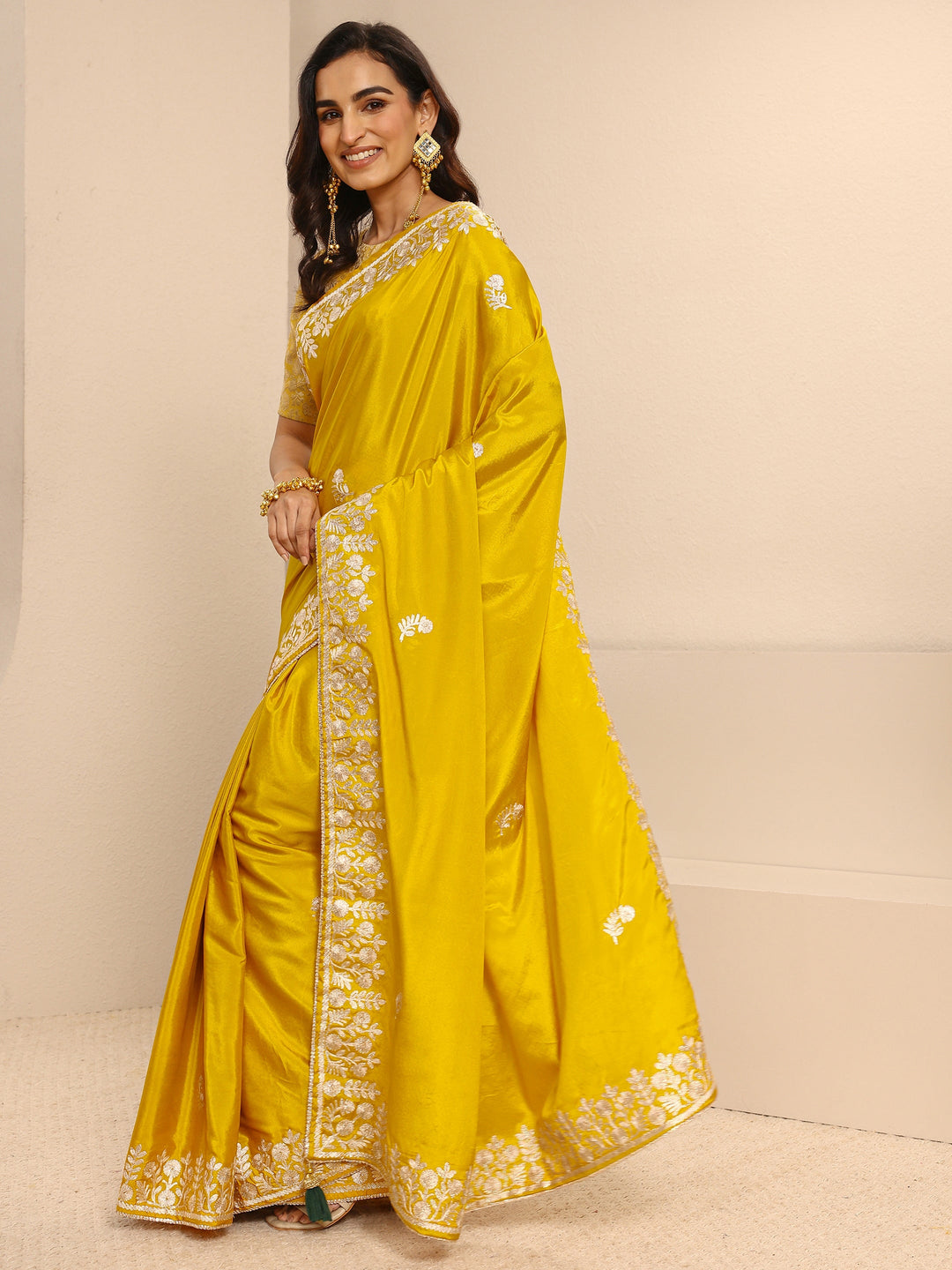  Yellow Embroidered Silk Blend Saree With Unstitched Blouse Piece 