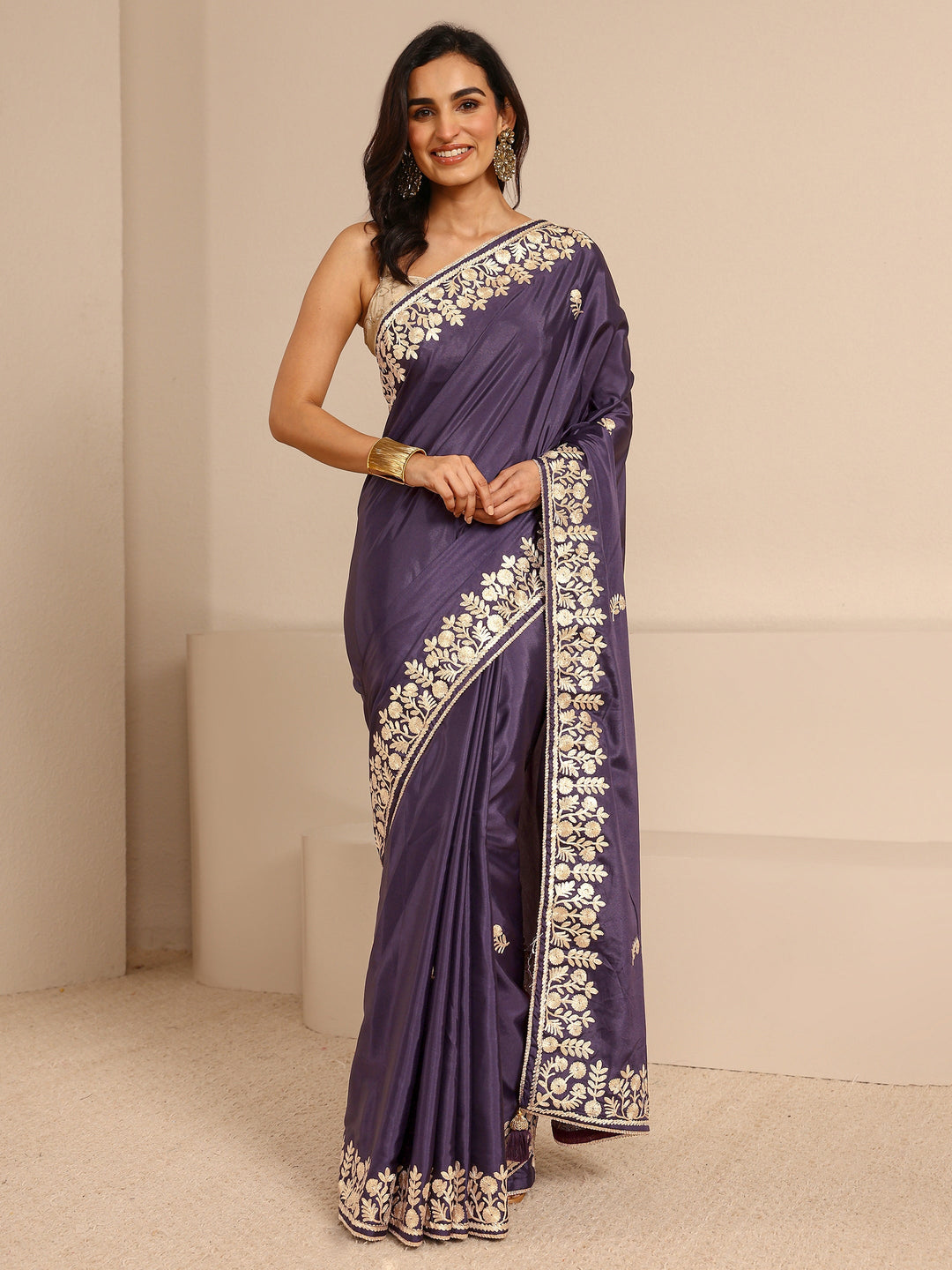  Purple Embroidered Silk Blend Saree With Unstitched Blouse Piece 