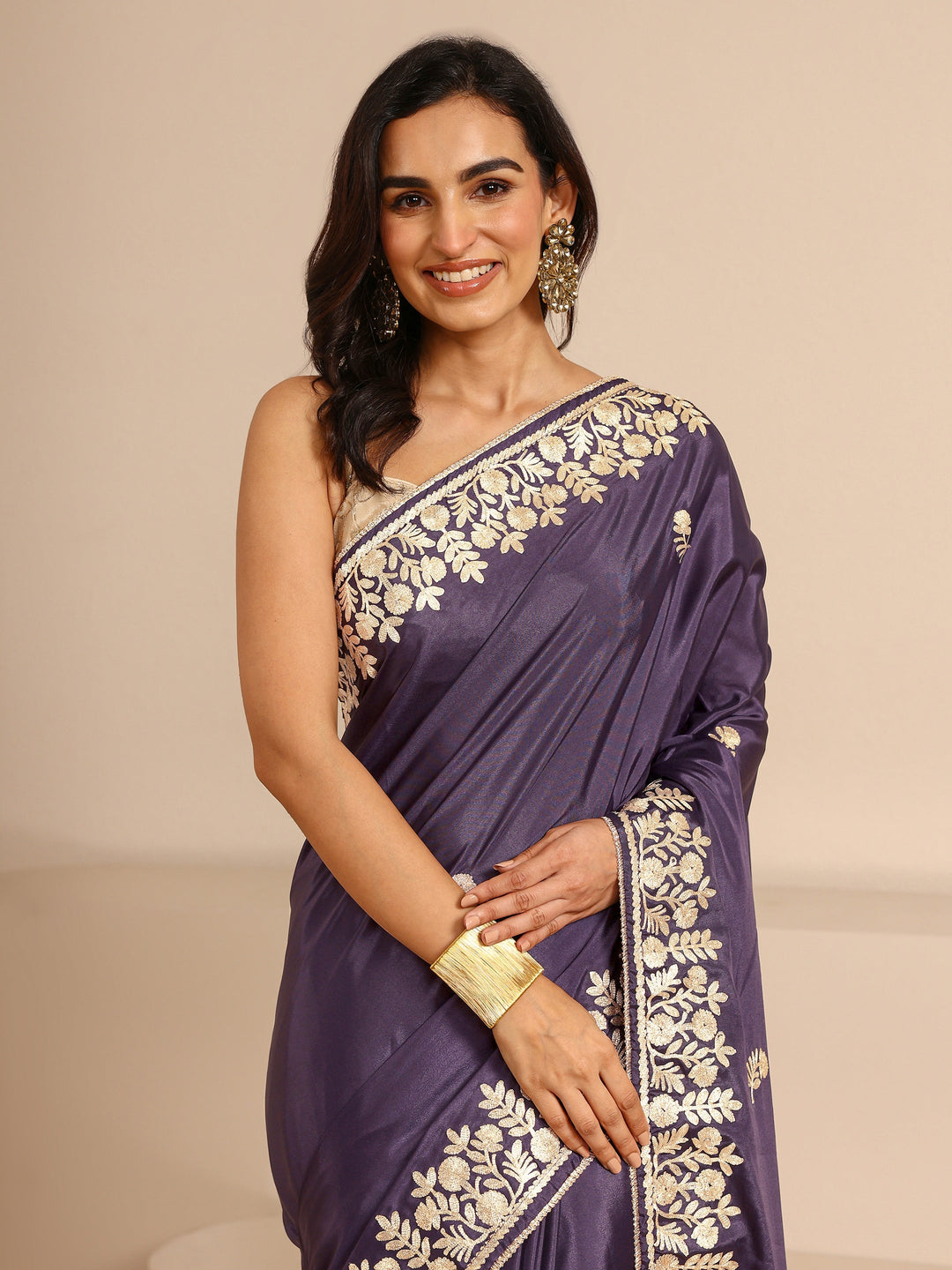  Purple Embroidered Silk Blend Saree With Unstitched Blouse Piece 