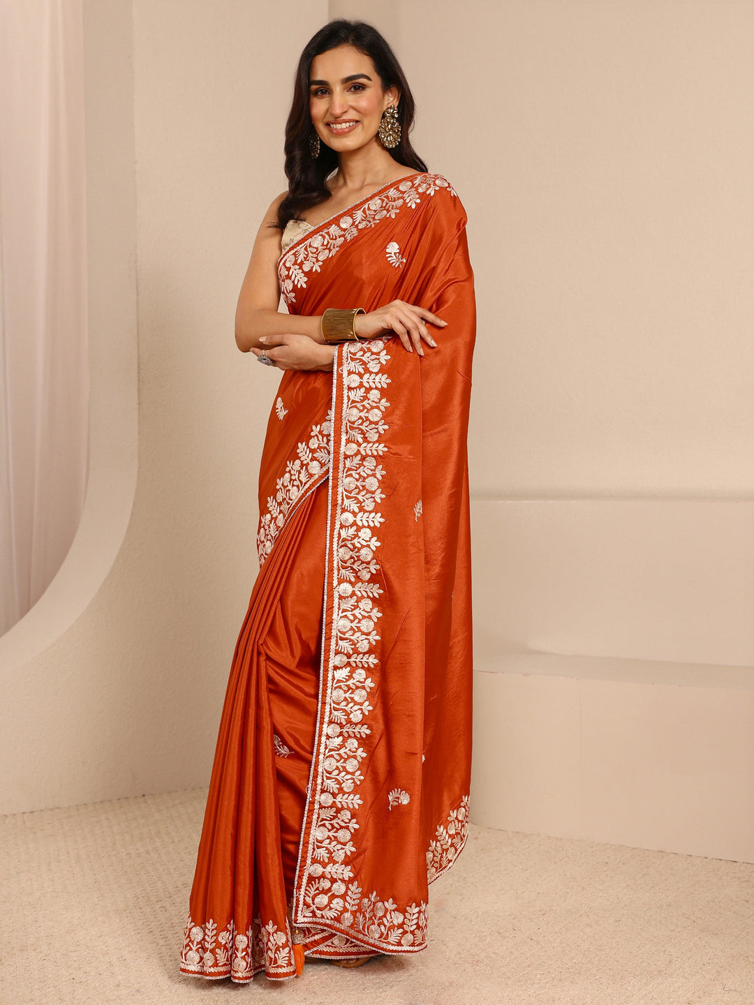  Rust Embellished Silk Blend Saree With Unstitched Blouse Piece 