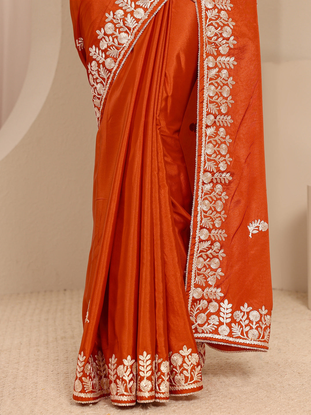  Rust Embellished Silk Blend Saree With Unstitched Blouse Piece 