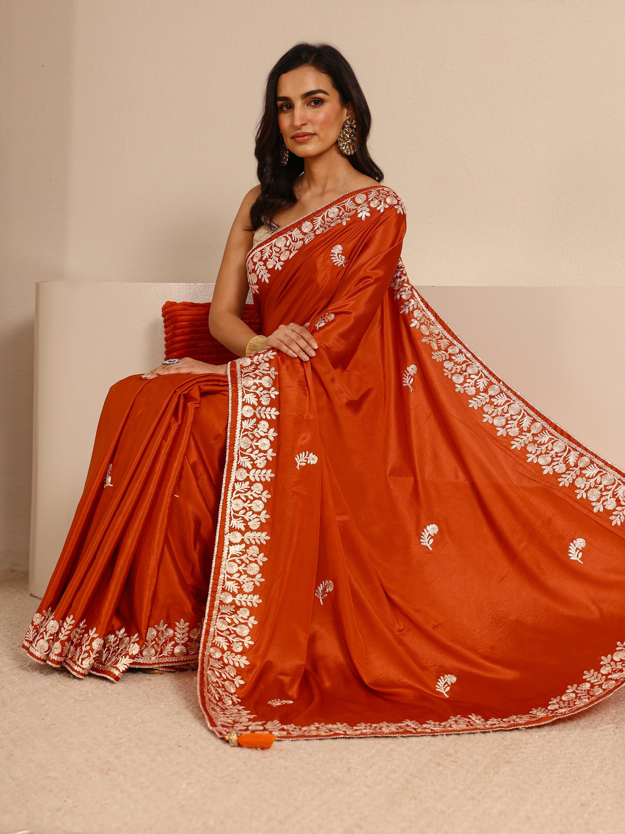 libas Rust Embellished Silk Blend Saree With Unstitched Blouse Piece-picture-32
