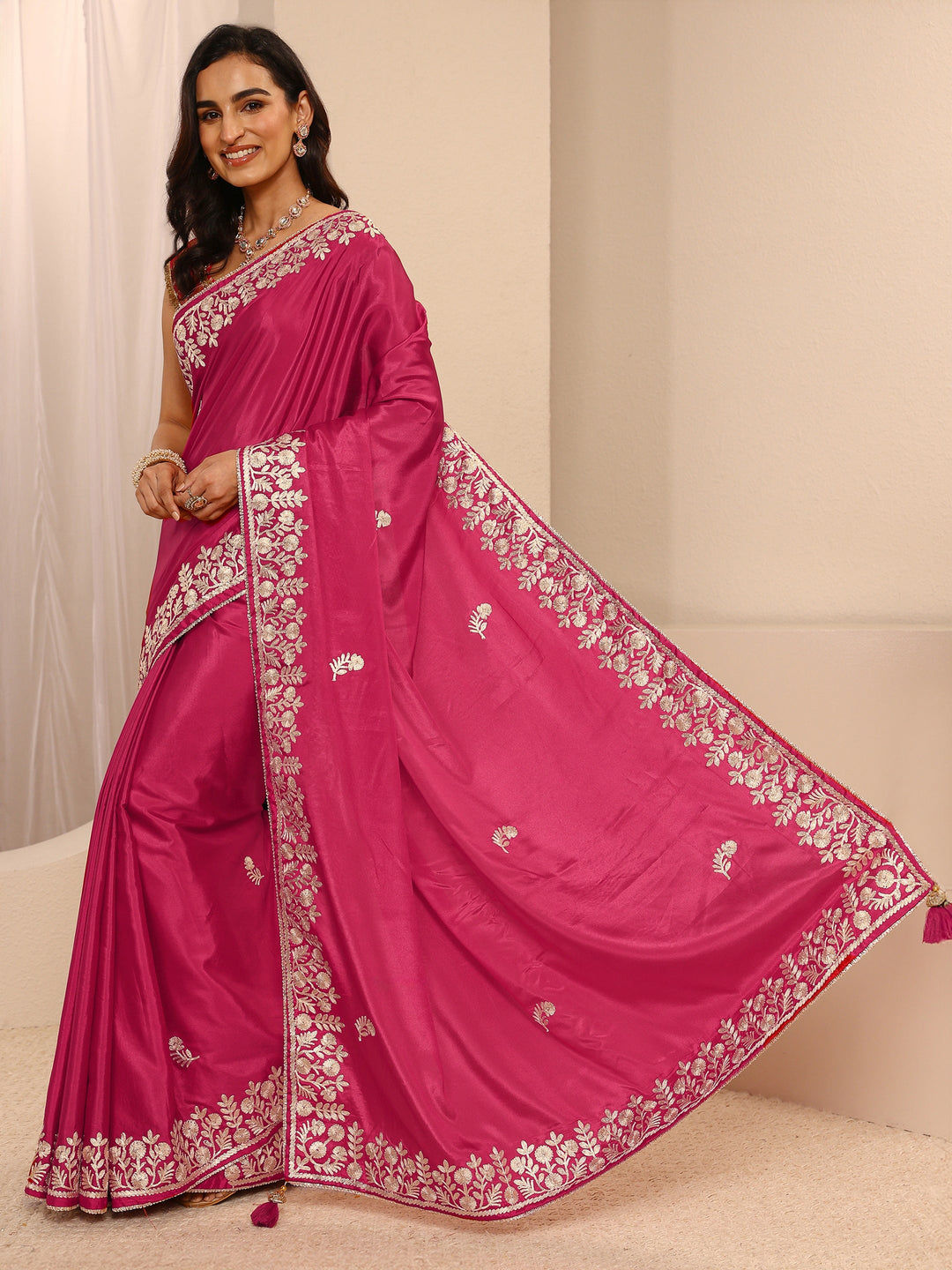  Pink Embellished Silk Blend Saree With Unstitched Blouse Piece 