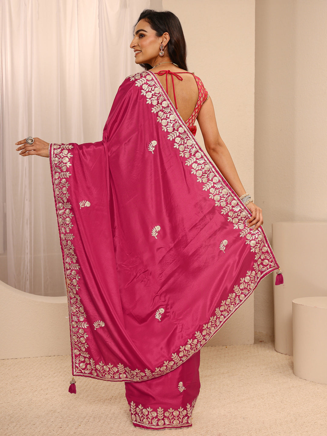  Pink Embellished Silk Blend Saree With Unstitched Blouse Piece 