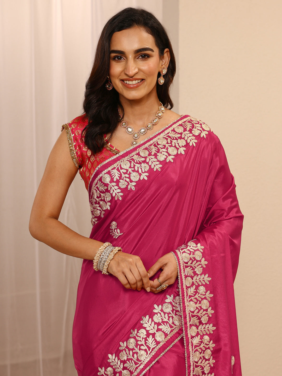  Pink Embellished Silk Blend Saree With Unstitched Blouse Piece 