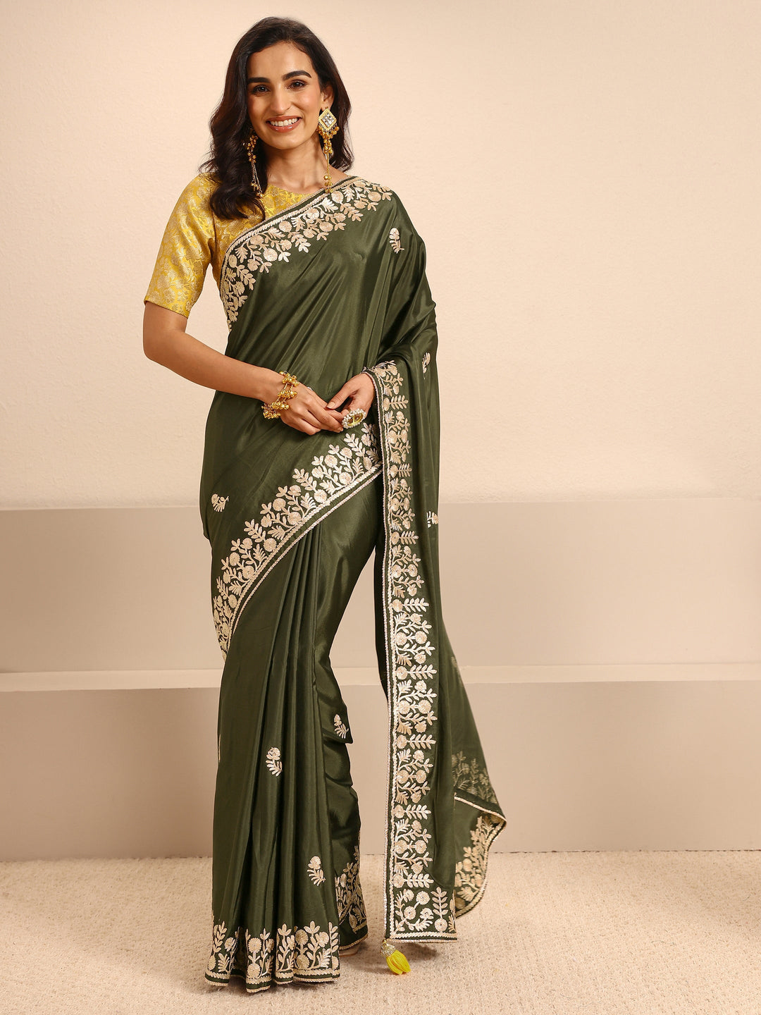  Olive Green Embroidered Silk Blend Saree With Unstitched Blouse Piece 