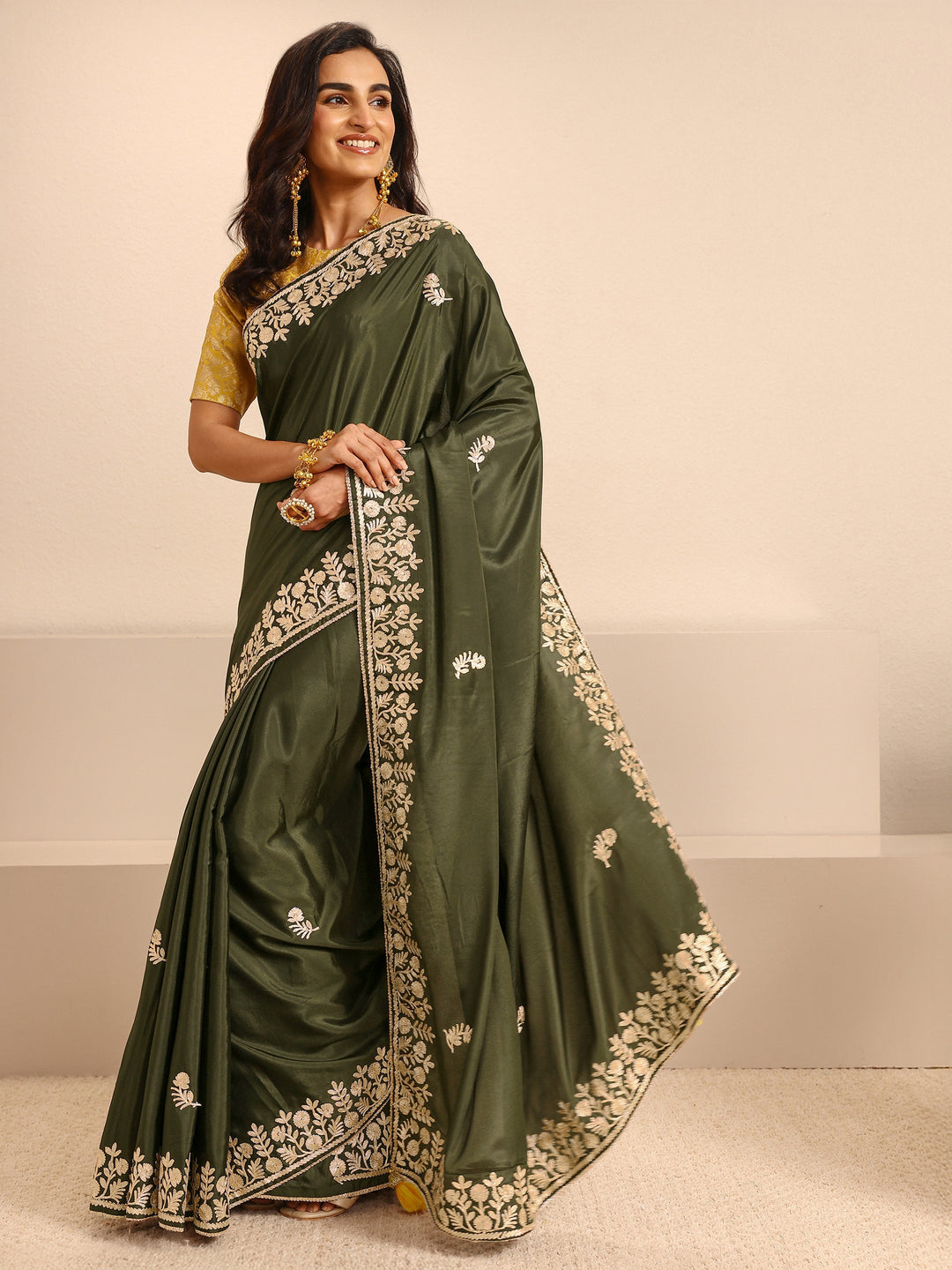  Olive Green Embroidered Silk Blend Saree With Unstitched Blouse Piece 