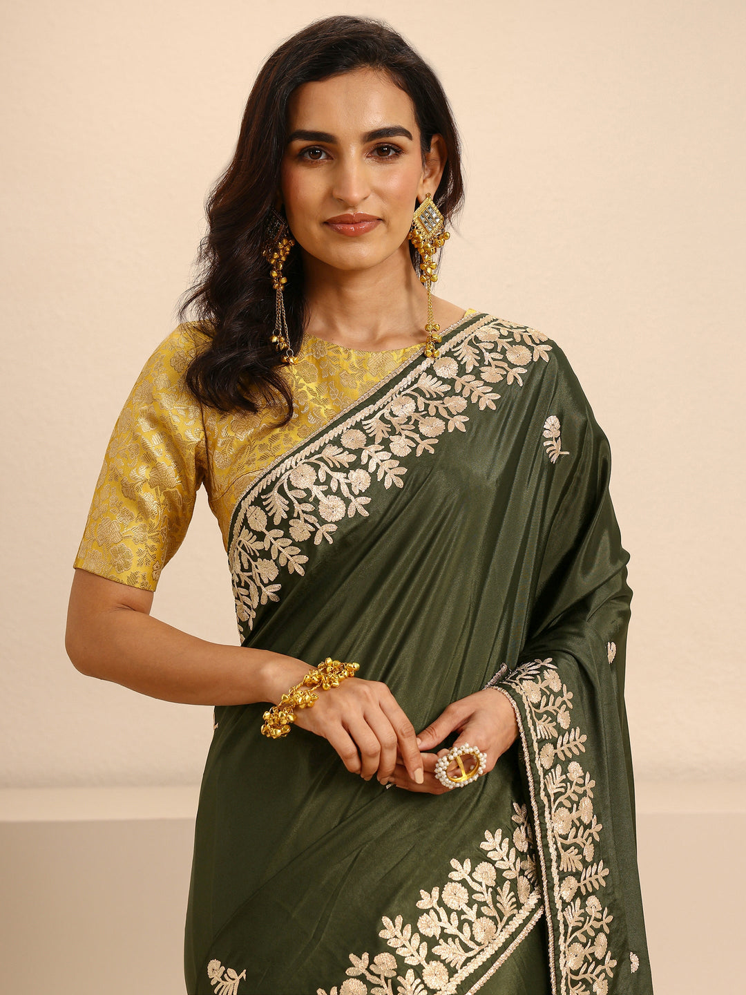  Olive Green Embroidered Silk Blend Saree With Unstitched Blouse Piece 