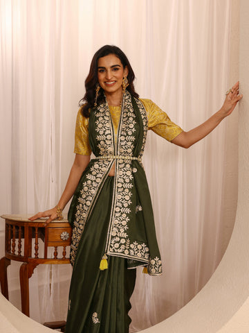 Olive Green Embroidered Silk Blend Saree With Unstitched Blouse Piece