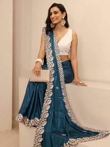 Teal Embroidered Silk Blend Saree With Unstitched Blouse Piece
