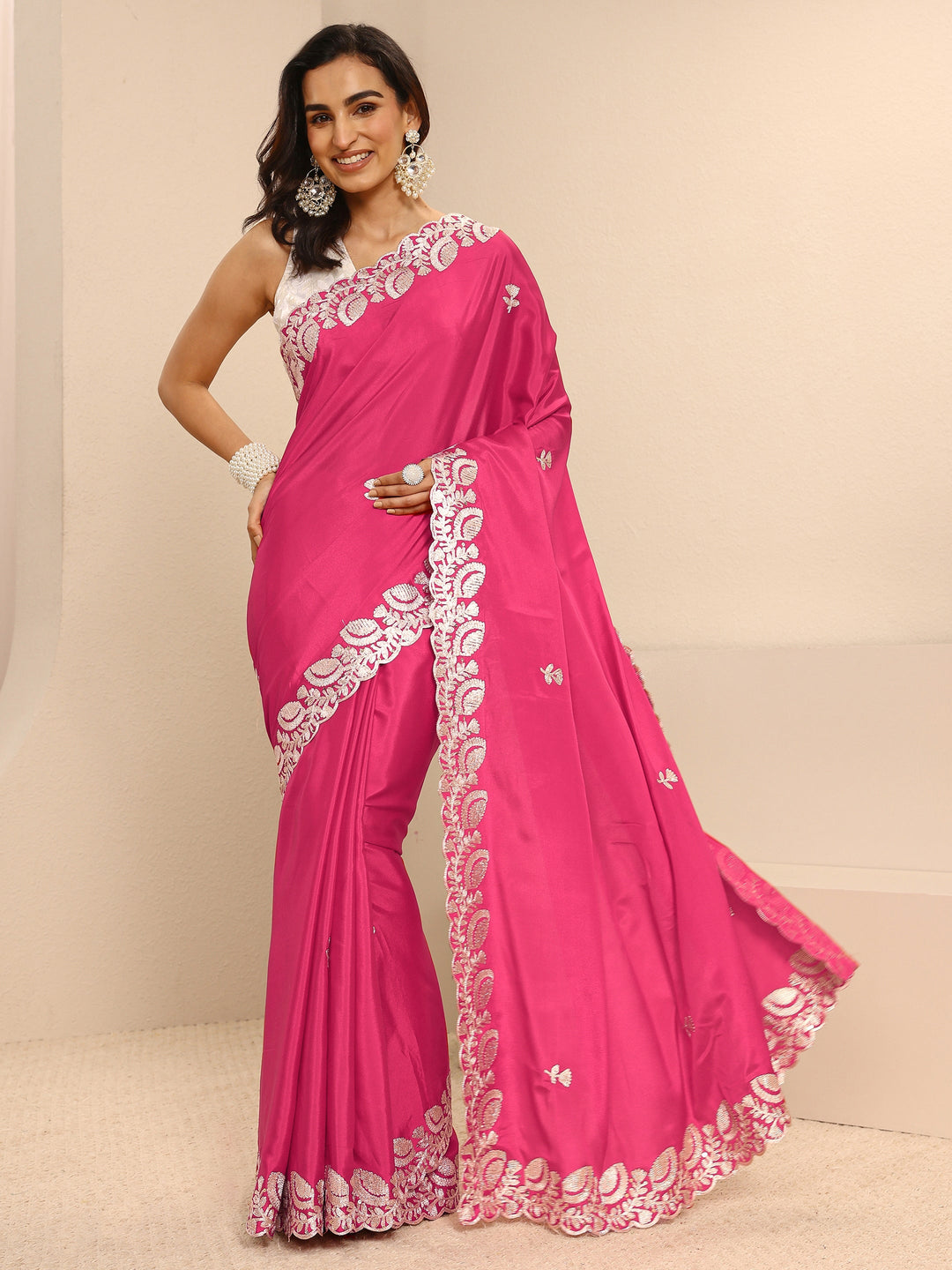  Pink Embroidered Silk Blend Saree With Unstitched Blouse Piece 