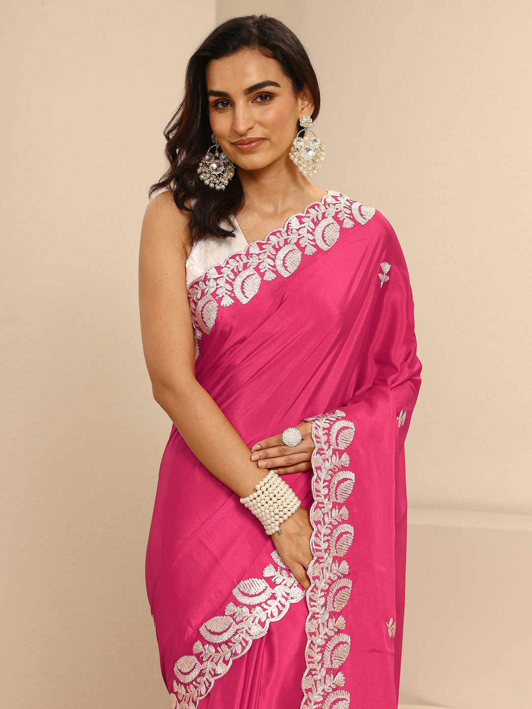 Pink Embroidered Silk Blend Saree With Unstitched Blouse Piece 