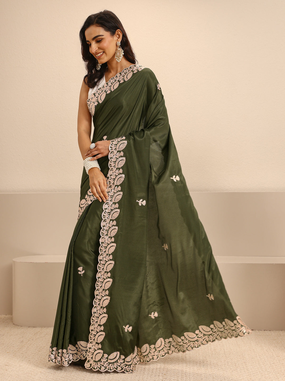  Olive Green Embroidered Silk Blend Saree With Unstitched Blouse Piece 