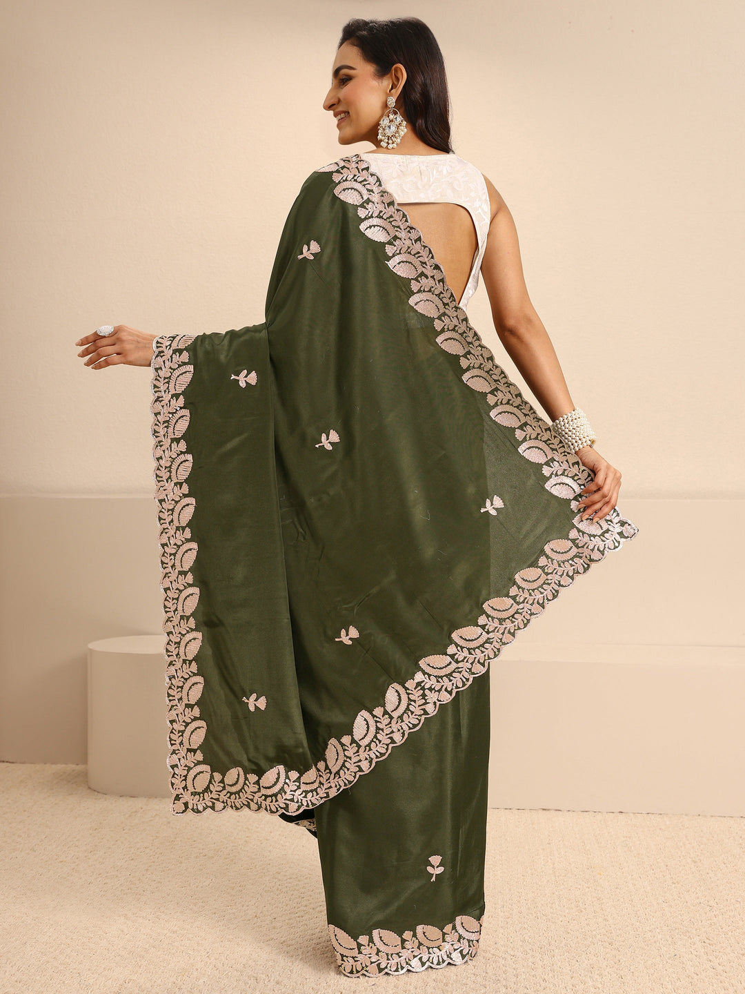  Olive Green Embroidered Silk Blend Saree With Unstitched Blouse Piece 