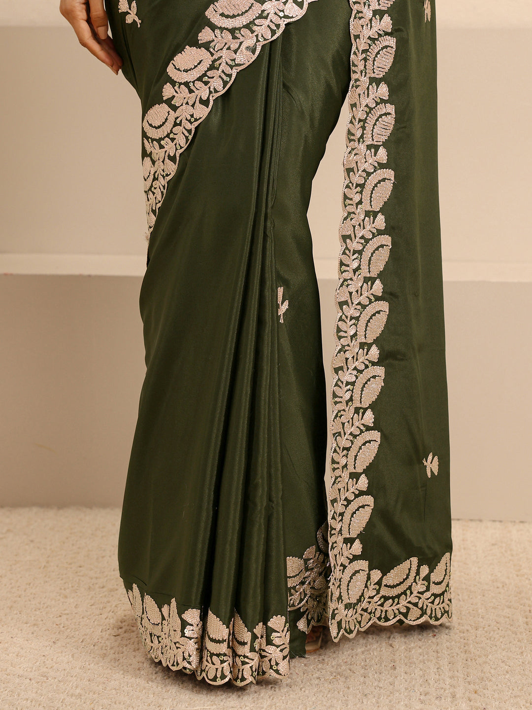  Olive Green Embroidered Silk Blend Saree With Unstitched Blouse Piece 