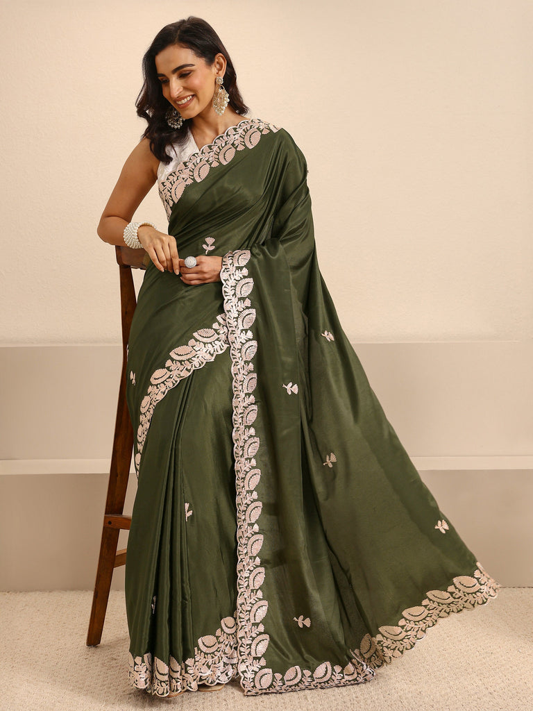 Libas Olive Green Embroidered Silk Blend Saree With Unstitched Blouse Piece