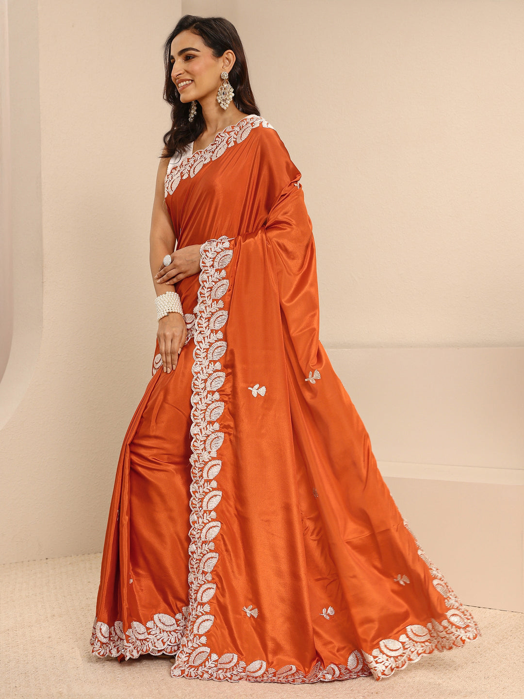  Orange Embellished Silk Blend Saree With Unstitched Blouse Piece 