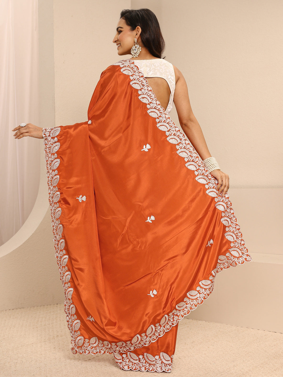  Orange Embellished Silk Blend Saree With Unstitched Blouse Piece 
