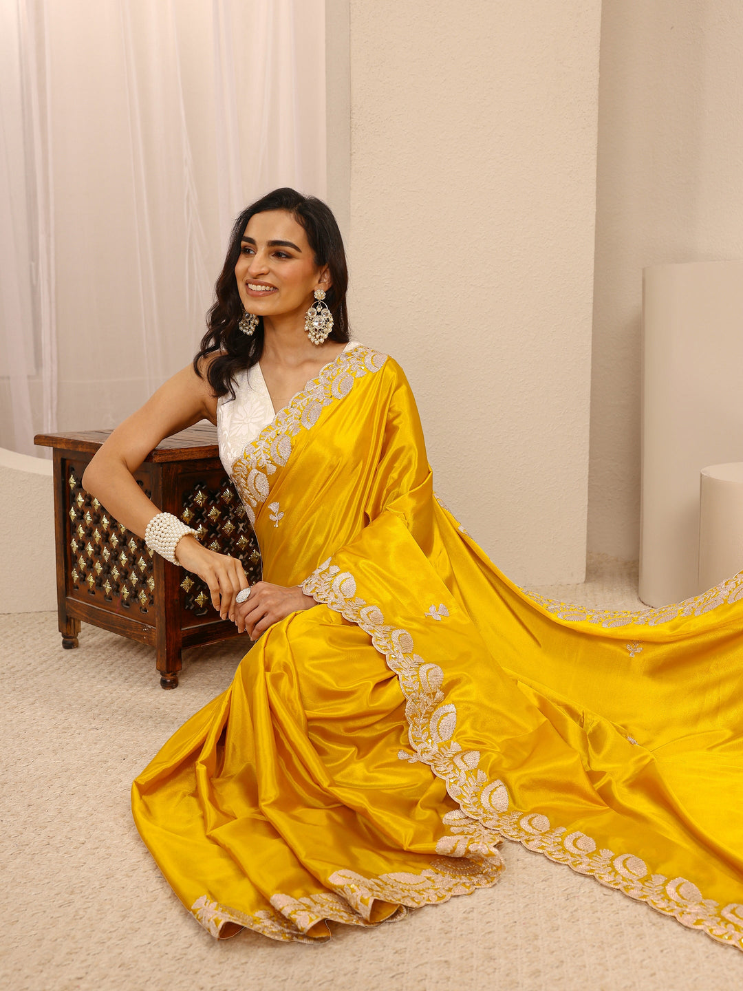  Orange Embroidered Silk Blend Saree With Unstitched Blouse Piece 