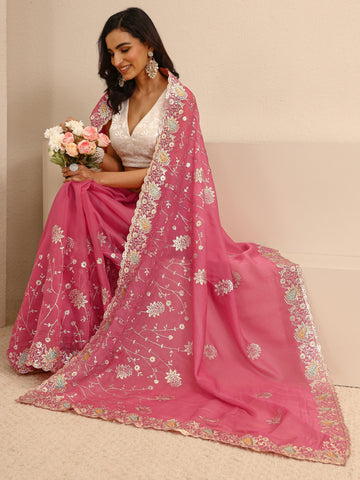 Pink Embellished Silk Blend Net Saree With Unstitched Blouse Piece