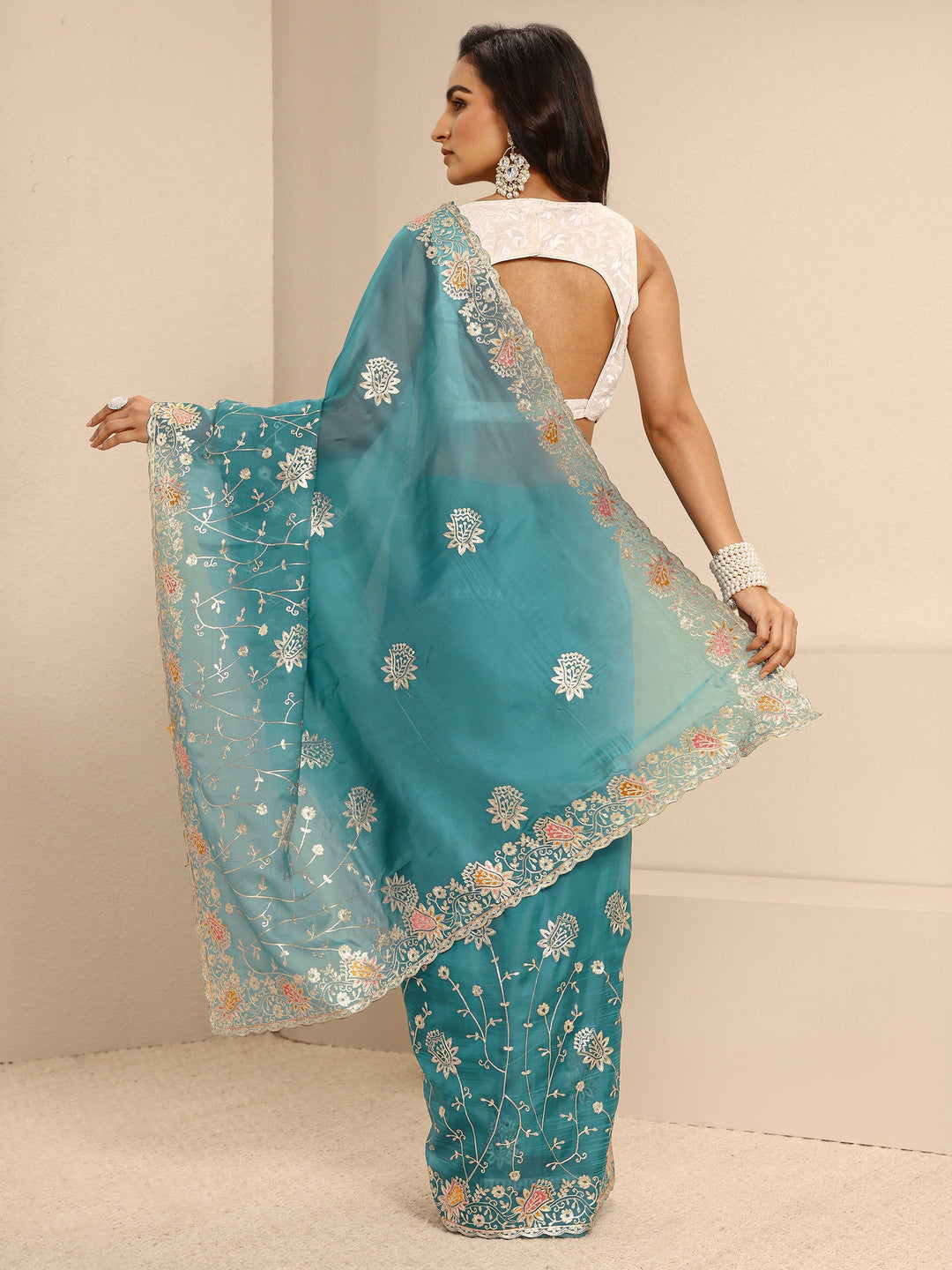  White Embellished Silk Blend Net Saree With Unstitched Blouse Piece 
