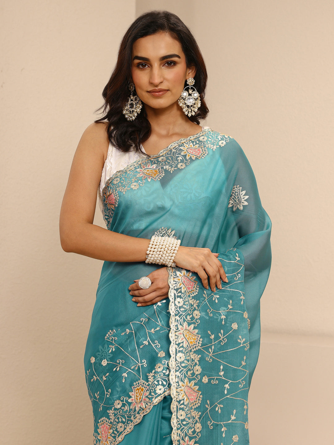  White Embellished Silk Blend Net Saree With Unstitched Blouse Piece 