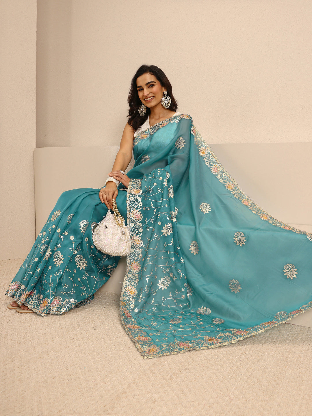 White Embellished Silk Blend Net Saree With Unstitched Blouse Piece