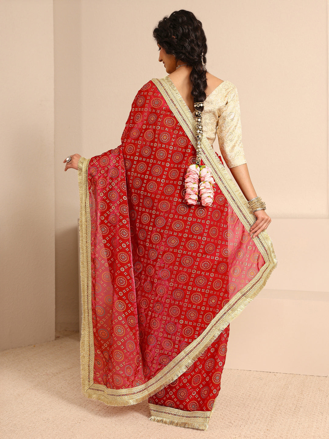  Red Bandhani Printed Silk Blend Saree With Unstitched Blouse Piece 