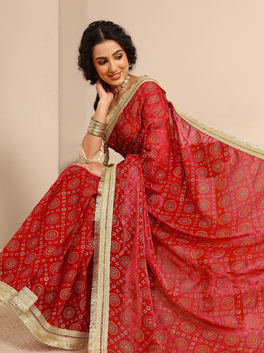  Red Bandhani Printed Silk Blend Saree With Unstitched Blouse Piece 