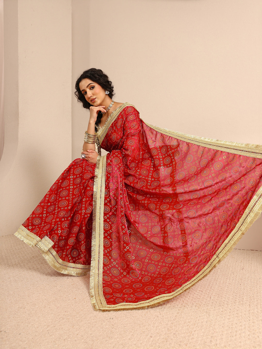  Red Bandhani Printed Silk Blend Saree With Unstitched Blouse Piece 