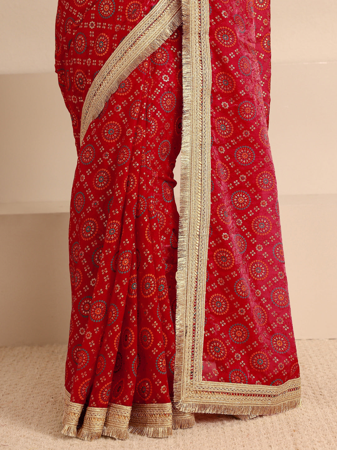  Red Bandhani Printed Silk Blend Saree With Unstitched Blouse Piece 