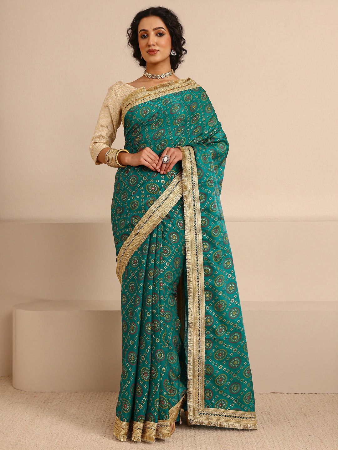  Green Bandhani Printed Silk Blend Saree With Unstitched Blouse Piece 