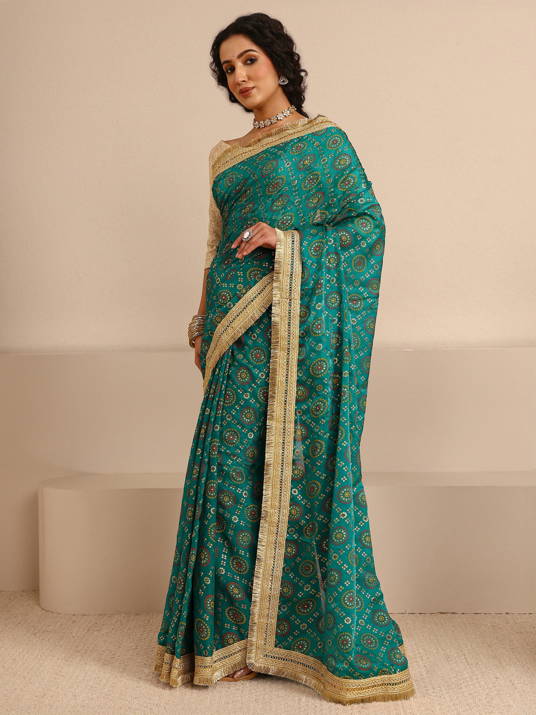  Green Bandhani Printed Silk Blend Saree With Unstitched Blouse Piece 