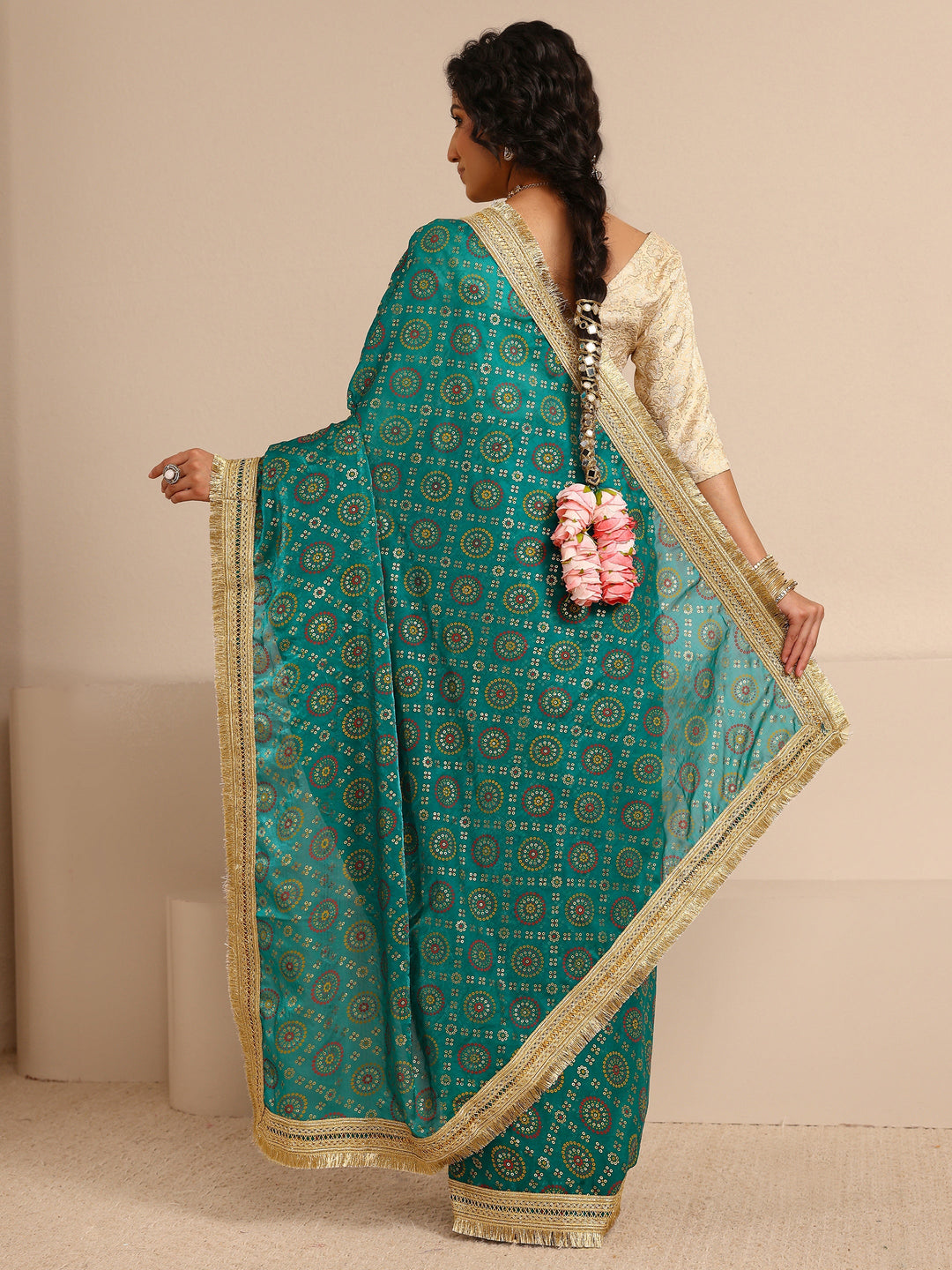  Green Bandhani Printed Silk Blend Saree With Unstitched Blouse Piece 