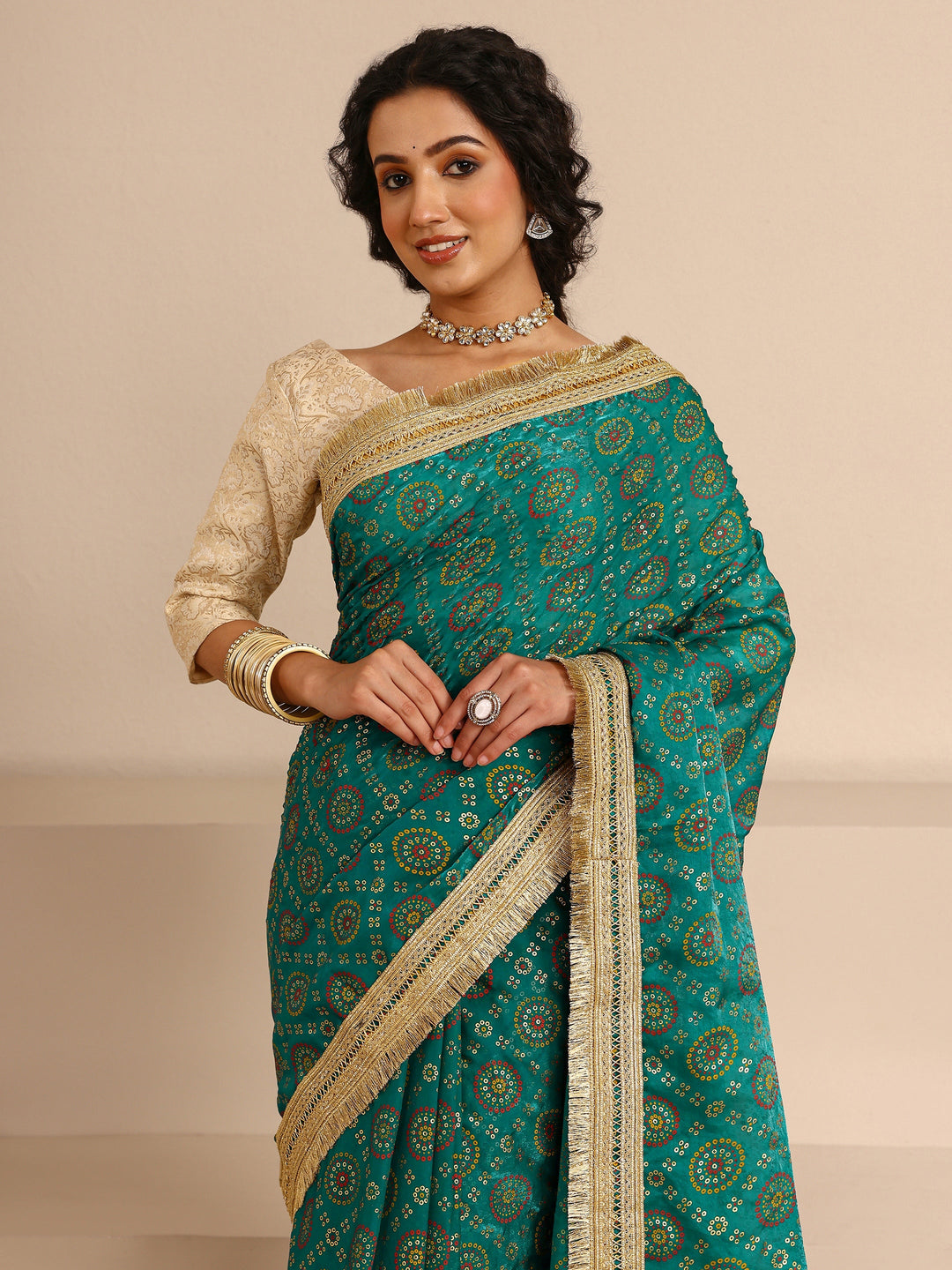  Green Bandhani Printed Silk Blend Saree With Unstitched Blouse Piece 