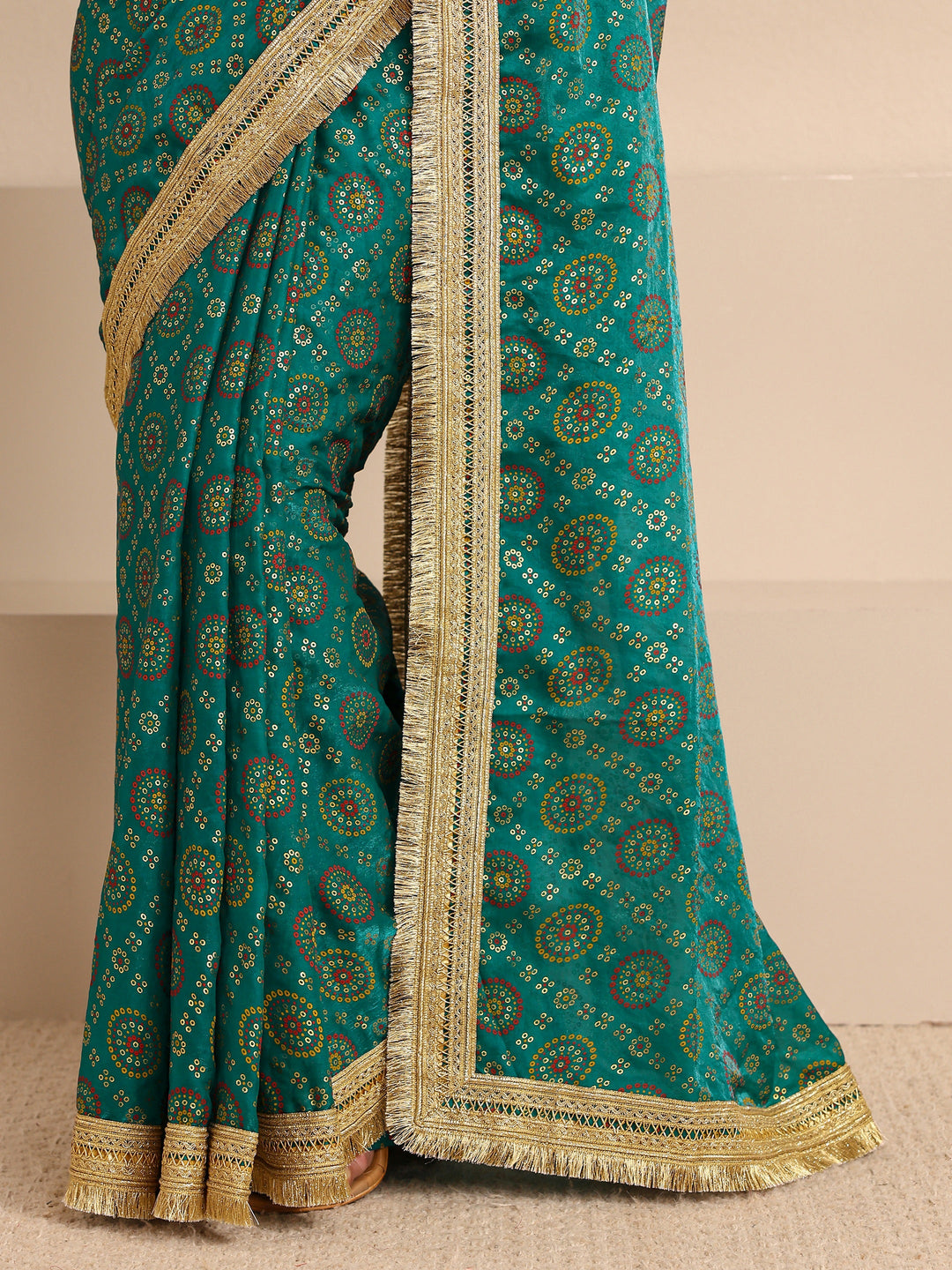  Green Bandhani Printed Silk Blend Saree With Unstitched Blouse Piece 